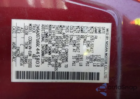 2006 Nissan Frontier Le из США, поврежденный, VIN 1N6AD07U66C445803